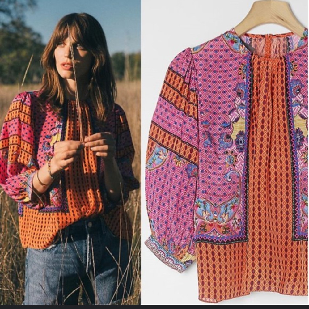 Vibrant Pink and Orange 3/4 Sleeve Embellished Blouse